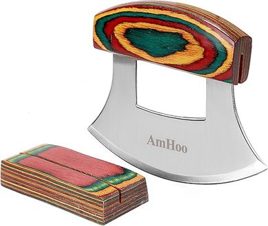 Amhoo Pizza Cutter & Chopper: Stainless Steel Blade, Wood Handle, with Holder Base 
