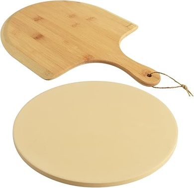 HomEdge 12" Cordierite Pizza Stone Set:  Heavy-duty baking stone & bamboo peel for oven/grill.
