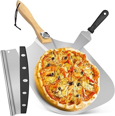 Pizza Peel Set with Foldable Handle & Rocker Cutter 
