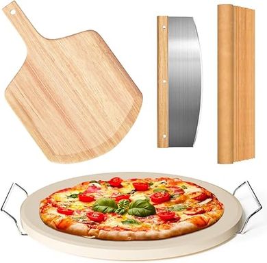 5-Piece Pizza Stone Cooking Kit with Peel, Rack, Cutter, and Paper