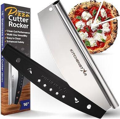 KitchenStar 16" Pizza Rocker Cutter: Sharp stainless steel blade with protective cover, dishwasher safe.
