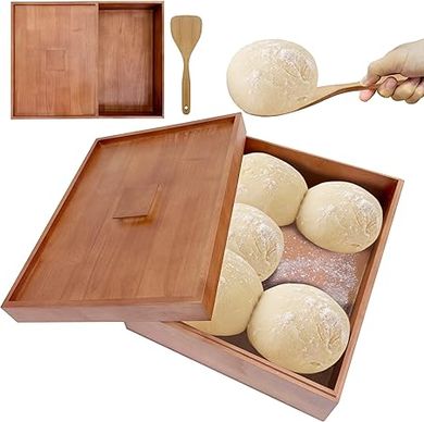 Wooden Pizza Dough Box with Lid, Spatula & Linen Bag (16"x12")
