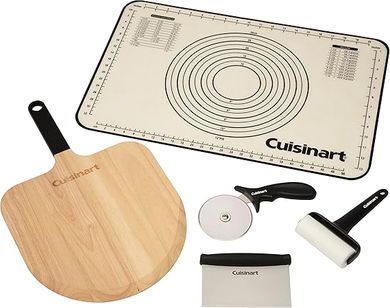 Cuisinart 5-Piece Prep & Serve Set: silicone mat, wooden peel, cutter, dough roller, pizza spinner.
