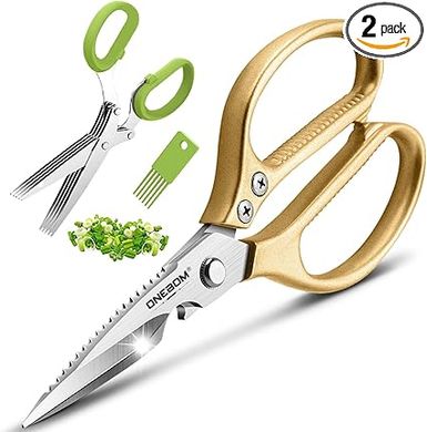 ONEBOM Gold Kitchen Shears: Heavy-duty, multi-function stainless steel shears for meat, poultry, and fish. (2-pack)
