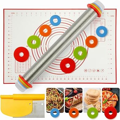 MIKULA Baking Set: Rolling Pin, Thickness Rings, Silicone Mat & Bench Scraper
