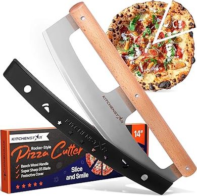 KitchenStar 14" Pizza Rocker Cutter:  Stainless steel, wooden handle, blade cover.
