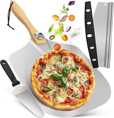 Aluminum Pizza Peel Set: 12x14" paddle, foldable handle, cutter, & oven accessories.
