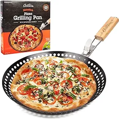 12" Non-Stick Pizza Grilling Pan with Removable Handle - Perfect for Indoor & Outdoor Cooking 
