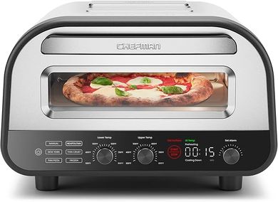 Chefman 12" Indoor Pizza Oven: Fast, 800°F countertop oven with touchscreen presets, pizza stone & peel.
