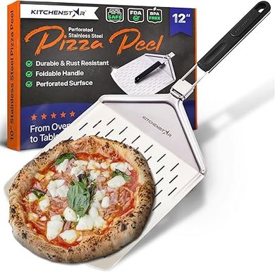 **Effortless Pizza Transfer: 12" Folding Perforated Peel** 
