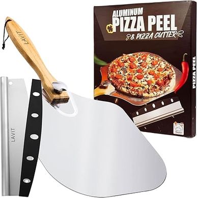 Lavit 12x14" Pizza Peel: Aluminum pizza paddle with wood handle, rocker cutter, and storage bag.
