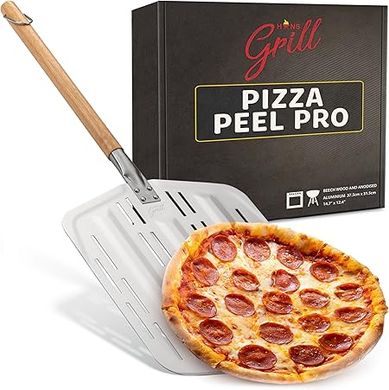 Hans Grill XL Pizza Peel PRO: Restaurant-grade perforated metal, non-stick paddle for 12"+ pizzas.
