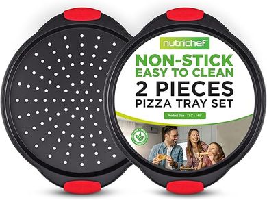 NutriChef 13" Nonstick Pizza Pan Set: Perforated Steel & Silicone Handles, Dishwasher Safe.
