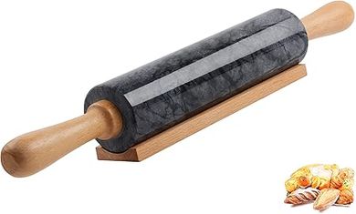 Premium 18.5" Black Marble Rolling Pin with Wooden Cradle: Perfect for Pizza, Pastry & Fondant.
