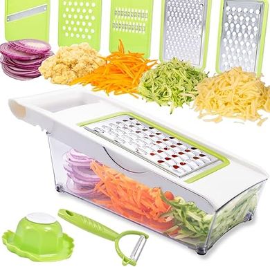 5-in-1 Kitchen Slicer & Grater with Container:  Shred, Slice, Julienne, Peel & Grate.
