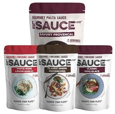 Le Sauce & Co. French Culinary Classics 8-Pack: Savory, Demi-Glace, Lemon Garlic, & Peppercorn Sauces
