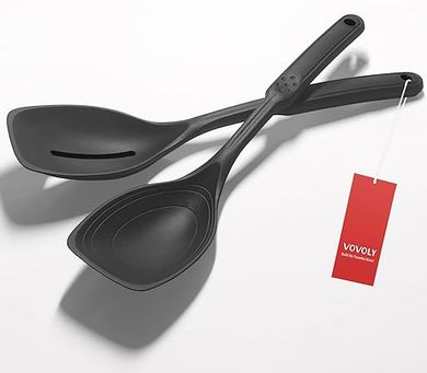 Silicone Cooking Spoons: 2-pack, slotted & solid, heat-resistant, with measurement markings.
