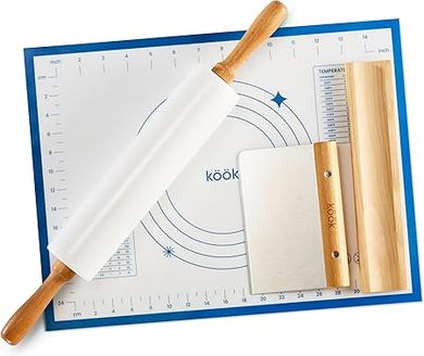 Kook Marble Rolling Pin Set: 18" marble pin, beechwood handles, holder, scraper, silicone mat. Perfect for pizza, pastries, tortillas.
