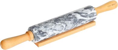 CHEFMADE 18" Marble Rolling Pin: Non-Stick Gray & White with Wooden Cradle
