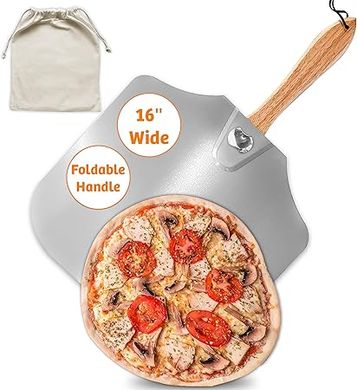 Pizza Peel 16 inch,16" Wx 18" L, Extra Large Metal Pizza Peel 16 inch, Aluminum pizza peel with Foldable Wood Handle and Storage Bag (16-inch Perforated Pizza Peel) (16 inch Non-perforated)