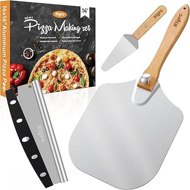 16" Pizza Peel & Cutter Set:  Extra-large metal peel, 14" stainless steel rocker cutter, and 10" server with folding handle.
