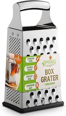 Spring Chef Professional Parmesan Grater: 4-sided stainless steel grater with handle, dishwasher safe.
