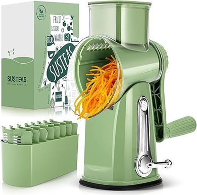 SUSTEAS Rotary Grater & Slicer: 5 Blades, Suction Base, Storage
