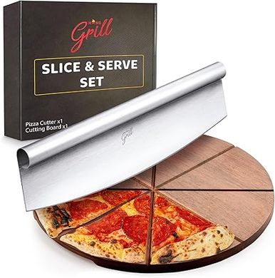 Professional Pizza Cutting Board & Rocker Cutter Set: 13.5" Acacia Wood & Stainless Steel
