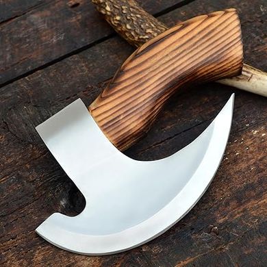 Viking Steel Pizza Axe: Handmade Carbon Steel Cutter with Wooden Handle & Leather Sheath
