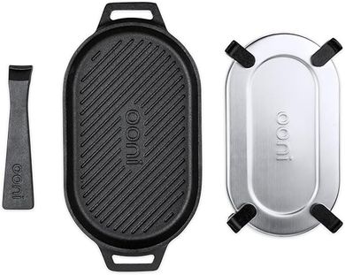 Ooni Grizzler Pan: 12" x 6" cast iron griddle with removable handle, pre-seasoned, oven-safe.
