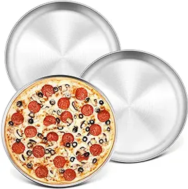 10-Inch Pizza Pan Round Pizza Tray, P&P CHEF Pizza Baking Tray Bakeware Set, Non-toxic & Healthy, Heavy Duty & Durable, Oven & Dishwasher Safe, 3 PACK, (Brush Finish)