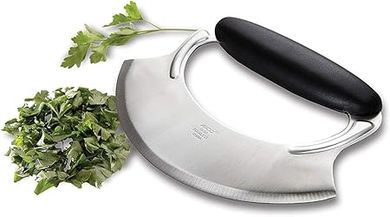 Amco Mezzaluna:  Durable stainless steel blade, silicone handle, dishwasher safe.  Perfect for versatile kitchen chopping.
