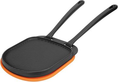 MixRBBQ Cast Iron Grizzler Skillet:  Versatile pizza oven & BBQ pan with silicone mat and handles.
