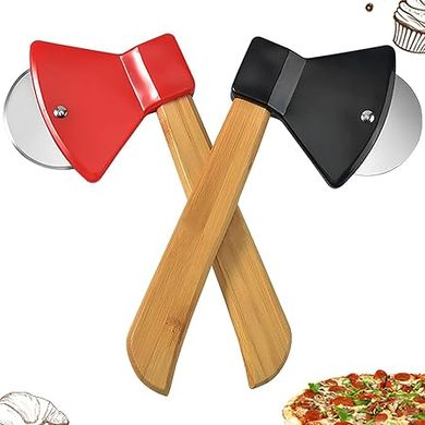 Axe-shaped Pizza Cutter: Stainless steel, rotating blades, bamboo handles.  (Black & Red)
