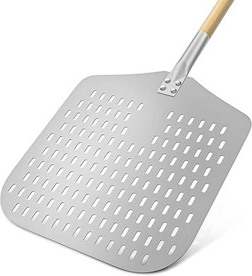 HOMEFAVOR Perforated Pizza Peel:  12x13" aluminum, nonstick, long wooden handle.
