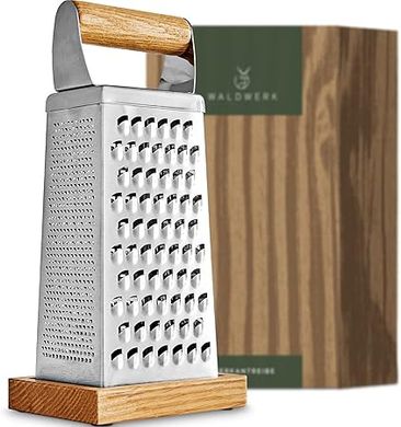 WALDWERK Premium 4-Sided Grater:  Etched stainless steel blades, oak base.  Ideal for cheese, vegetables, & potatoes.
