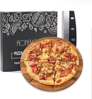 Acacia Wood Pizza Board & Rocker Cutter: Perfect for slicing, serving, and charcuterie.
