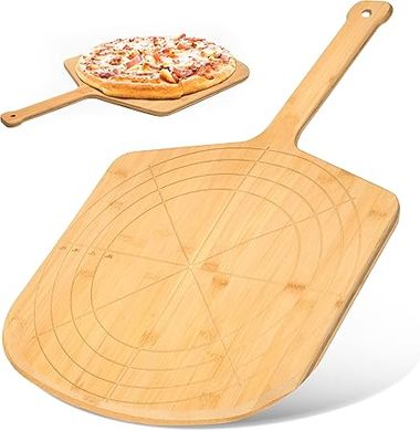 Loftern 16" Bamboo Pizza Peel & Cutting Board: Multi-purpose serving board with engraved size guide.
